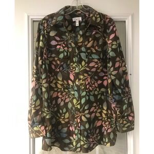 d&co Denim Company Women's Medium Brown Leaf Print‎ Button Up Shirt Top